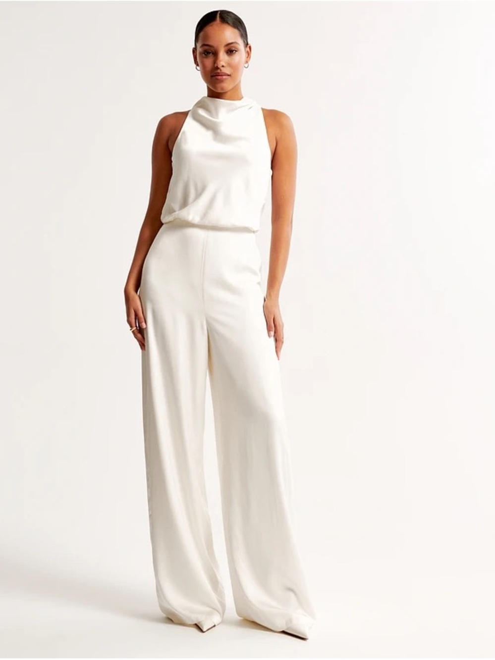 $120 NWT Abercrombie & Fitch high-neck Ivory Wide Pant Satin Jumpsuit - Picture 2 of 9